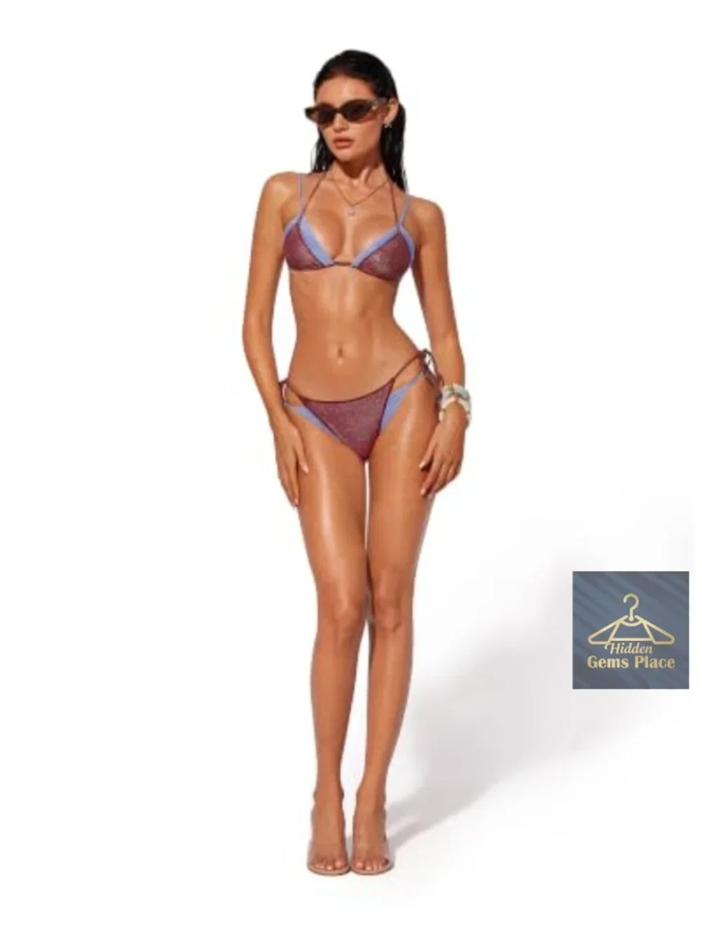 Sexy Halter Triangle Bikini Set String Thong Two Piece Swimwear Metallic